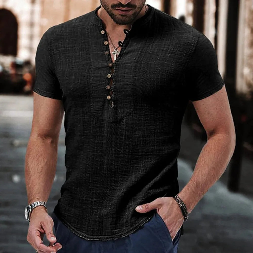 Men’s Casual Linen Henley T-Shirt: Short Sleeve Lightweight Summer Top with Button Detail
