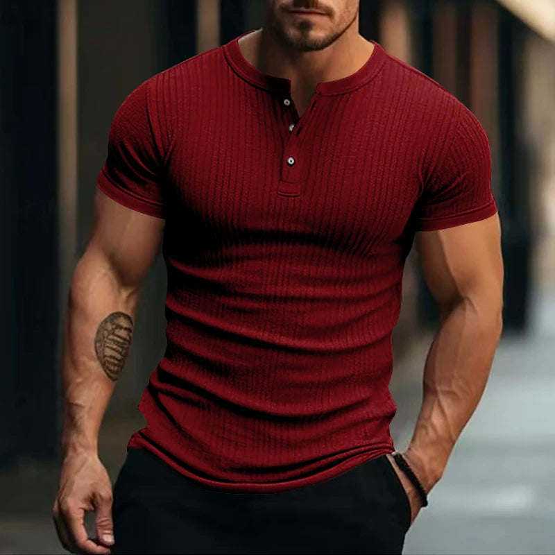 Men’s Stylish Striped Knit Henley T-Shirt – Casual Short Sleeve, Soft & Breathable Summer Top for Everyday Comfort