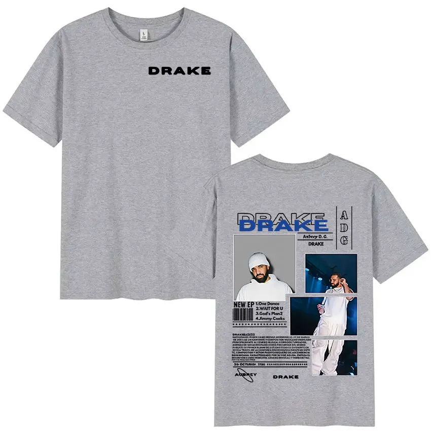Drake Minimal Logo & Concert Collage Tee for Men: Modern Hip Hop Streetwear with Bold Back Print