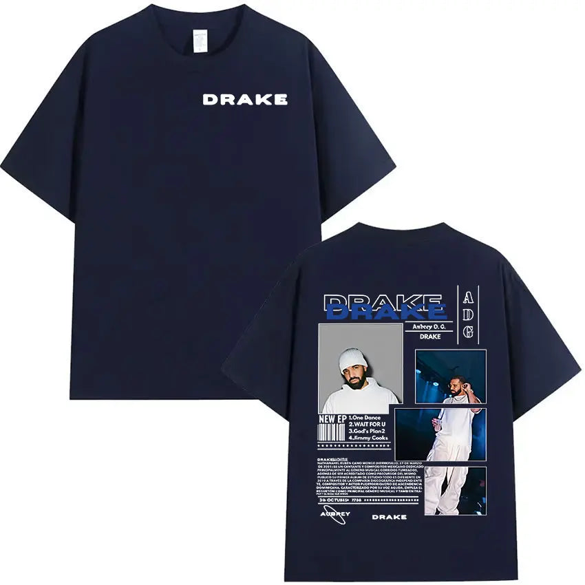 Drake Minimal Logo & Concert Collage Tee for Men: Modern Hip Hop Streetwear with Bold Back Print