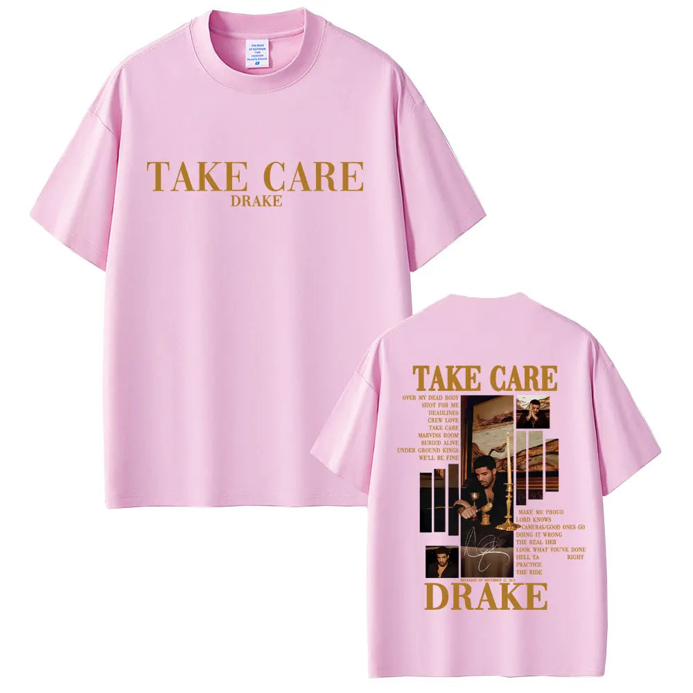 Drake “Take Care” Album Graphic Tee for Men: Minimalist Hip Hop Streetwear with Back Print