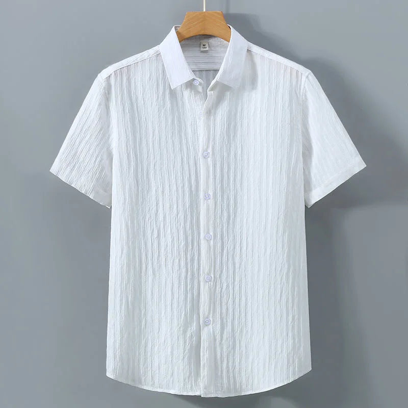 Men’s Light Blue Striped Short Sleeve Shirt: Casual Button-Up Summer Top