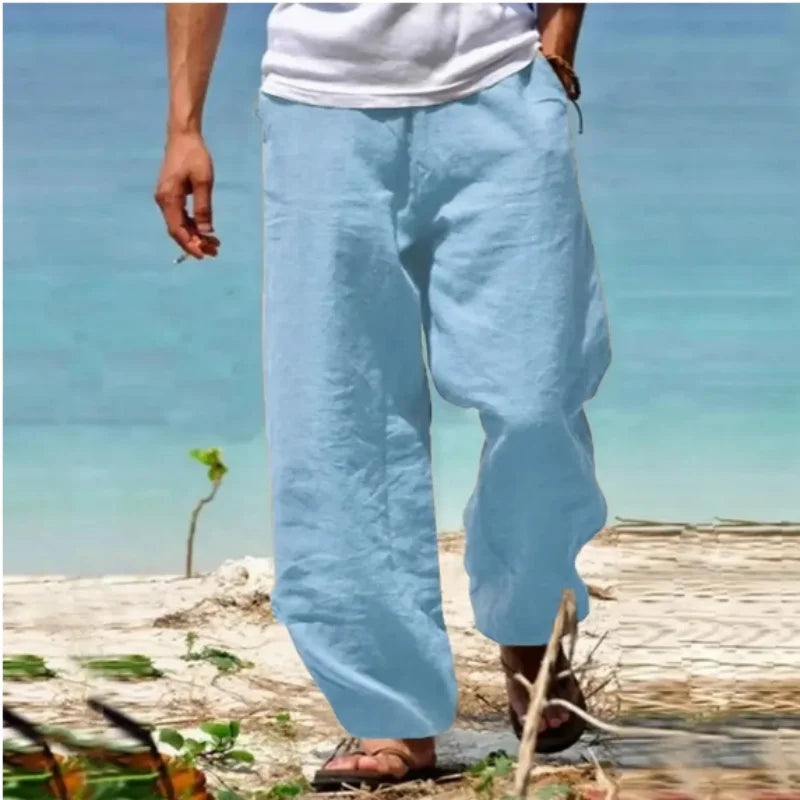 Men’s Light Blue Linen Beach Pants: Casual Drawstring Summer Trousers