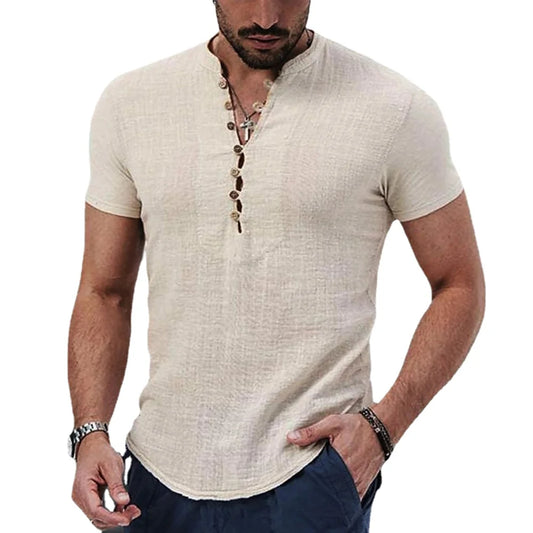 Men’s Casual Linen Henley T-Shirt: Short Sleeve Lightweight Summer Top with Button Detail