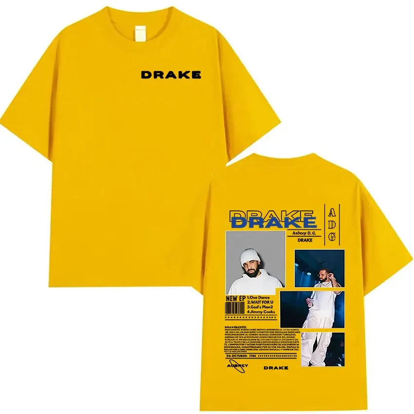 Drake Minimal Logo & Concert Collage Tee for Men: Modern Hip Hop Streetwear with Bold Back Print