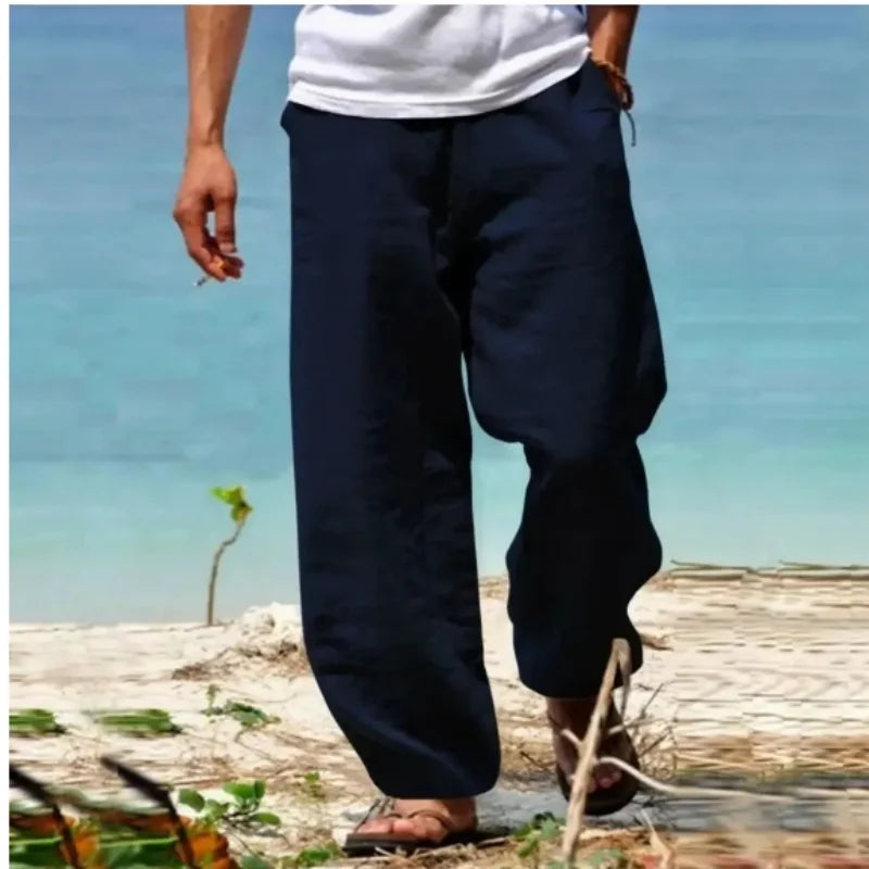 Men’s Light Blue Linen Beach Pants: Casual Drawstring Summer Trousers