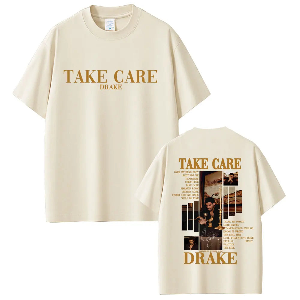 Drake “Take Care” Album Graphic Tee for Men: Minimalist Hip Hop Streetwear with Back Print