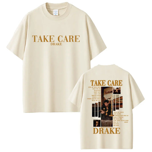 Drake “Take Care” Album Graphic Tee for Men: Minimalist Hip Hop Streetwear with Back Print