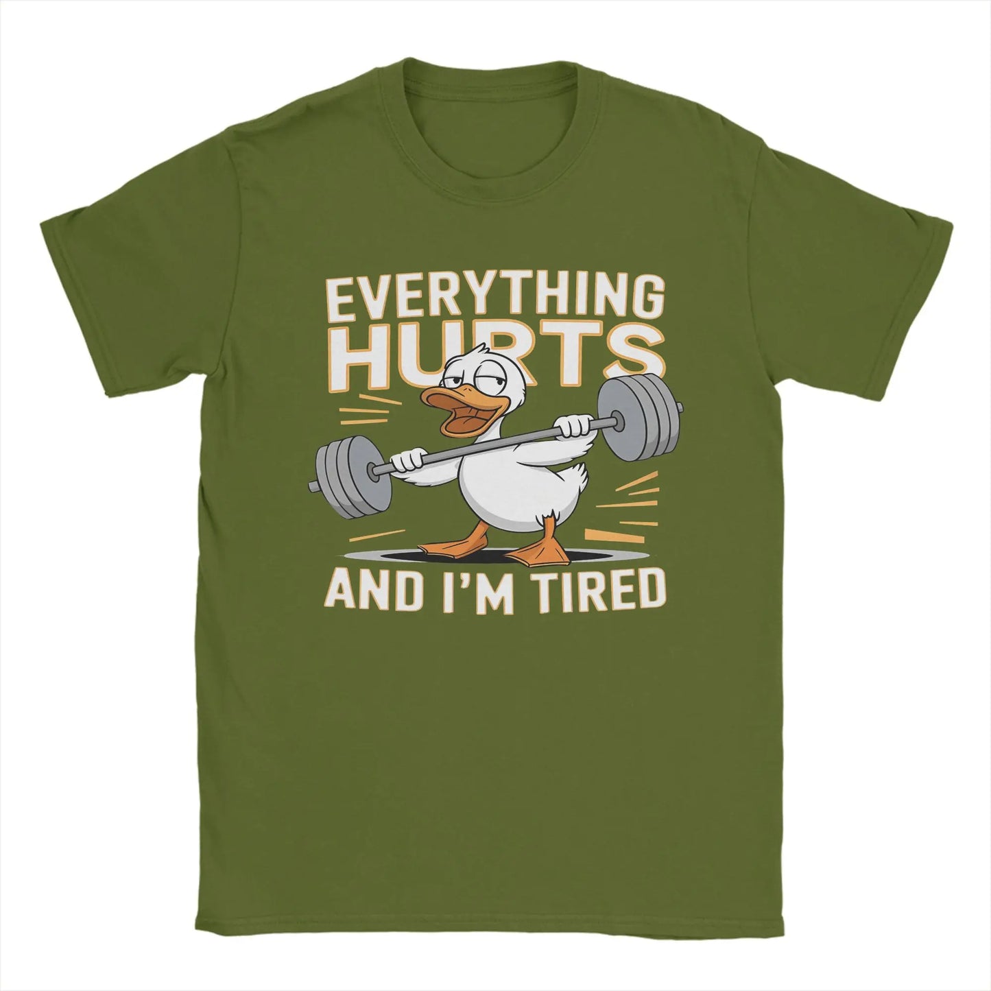 Men’s “Everything Hurts and I’m Tired” Duck Weightlifting T-Shirt: Short Sleeve Funny Gym Top