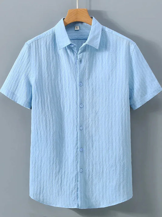 Men’s Light Blue Striped Short Sleeve Shirt: Casual Button-Up Summer Top