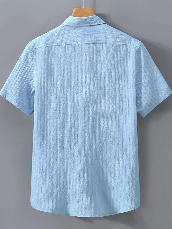 Men’s Light Blue Striped Short Sleeve Shirt: Casual Button-Up Summer Top