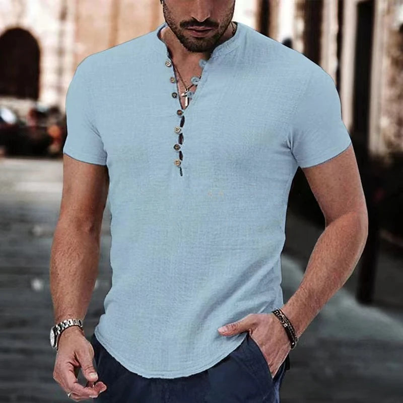 Men’s Casual Linen Henley T-Shirt: Short Sleeve Lightweight Summer Top with Button Detail