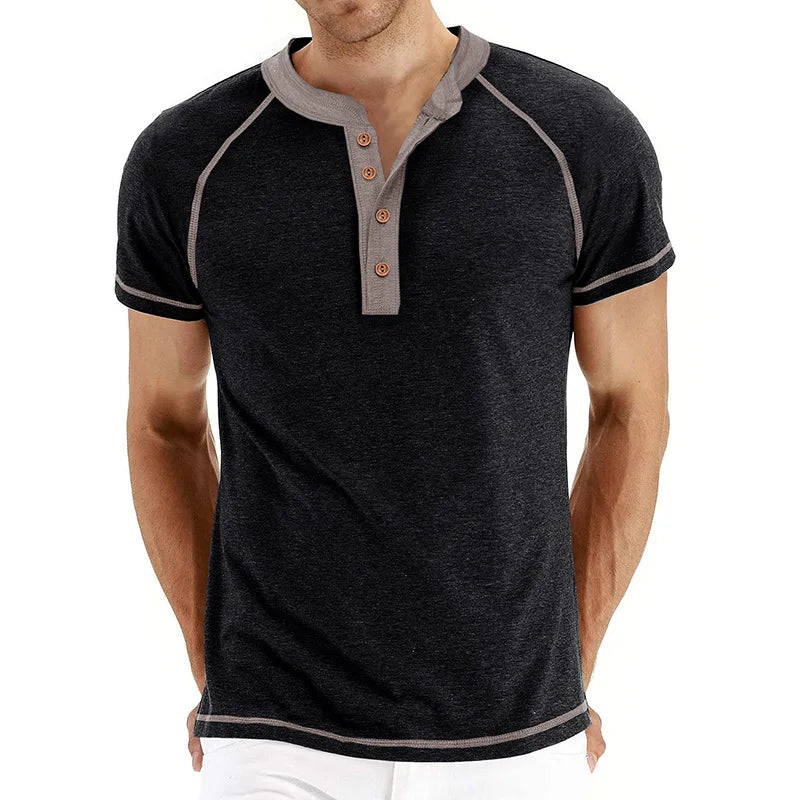 Men’s Two-Tone Henley T-Shirt: Short Sleeve Casual Top with Button Neckline