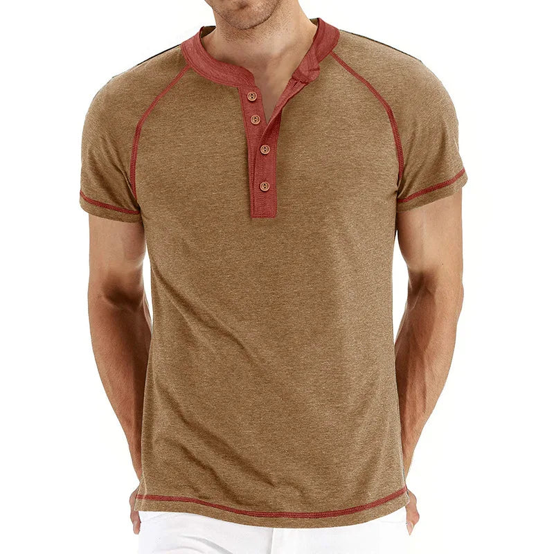 Men’s Two-Tone Henley T-Shirt: Short Sleeve Casual Top with Button Neckline