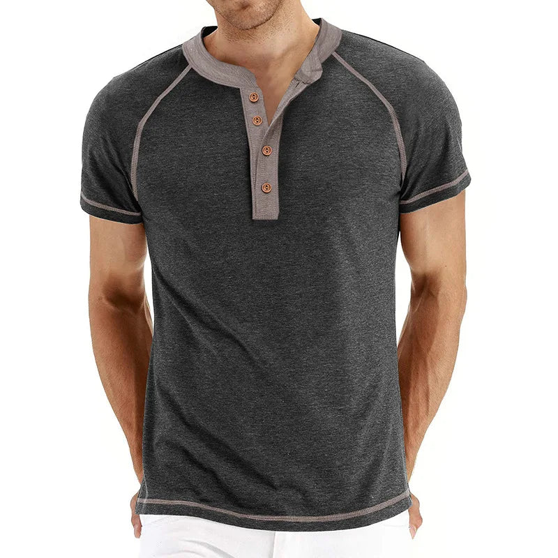 Men’s Two-Tone Henley T-Shirt: Short Sleeve Casual Top with Button Neckline