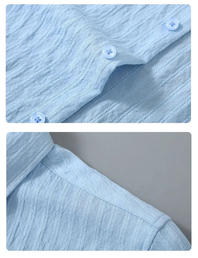 Men’s Light Blue Striped Short Sleeve Shirt: Casual Button-Up Summer Top