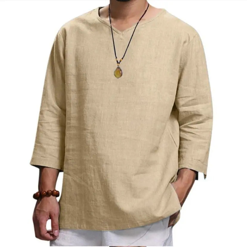 Men’s 3/4 Sleeve Loose Fit Cotton Pullover Shirt – Casual Solid Color V-Neck Beach & Summer Top