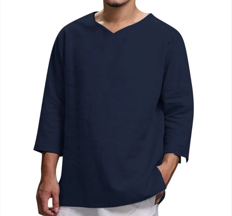 Men’s 3/4 Sleeve Loose Fit Cotton Pullover Shirt – Casual Solid Color V-Neck Beach & Summer Top