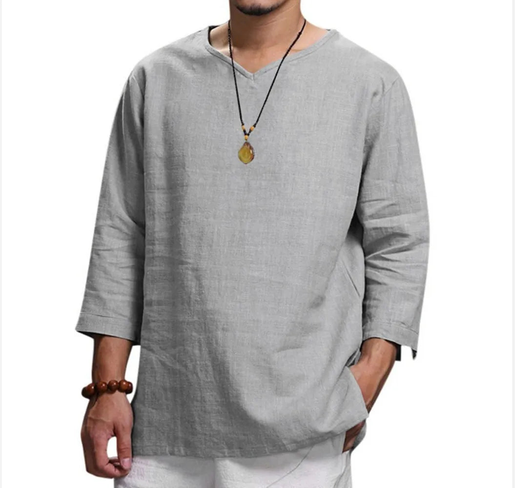 Men’s 3/4 Sleeve Loose Fit Cotton Pullover Shirt – Casual Solid Color V-Neck Beach & Summer Top