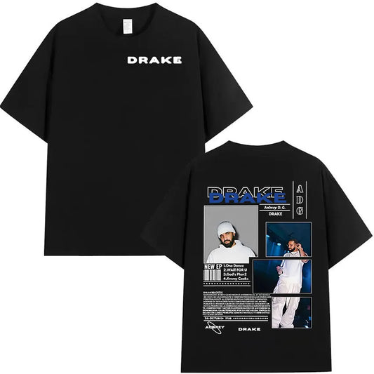 Drake Minimal Logo & Concert Collage Tee for Men: Modern Hip Hop Streetwear with Bold Back Print