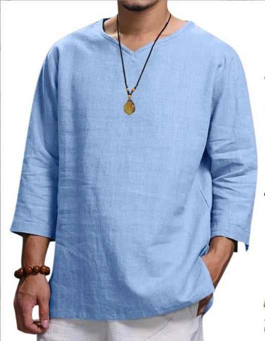 Men’s 3/4 Sleeve Loose Fit Cotton Pullover Shirt – Casual Solid Color V-Neck Beach & Summer Top