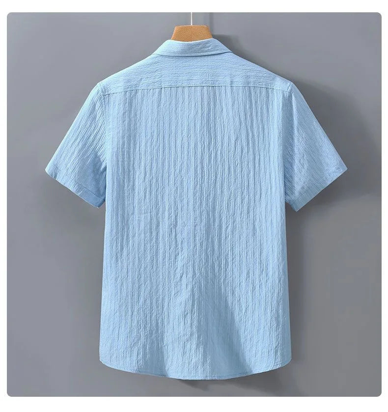 Men’s Light Blue Striped Short Sleeve Shirt: Casual Button-Up Summer Top