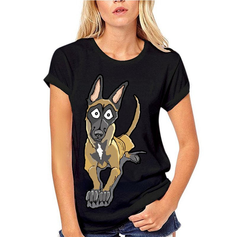 Black Cartoon Belgian Malinois T-Shirt: Short Sleeve Fun Casual Top