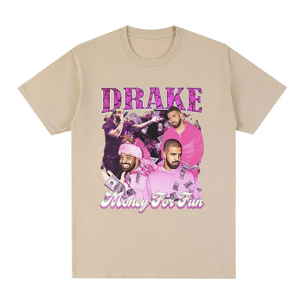 Drake “Nothing Is Fun” Pink Collage Graphic Tee for Men: Bold Hip Hop Streetwear with Retro Vibes
