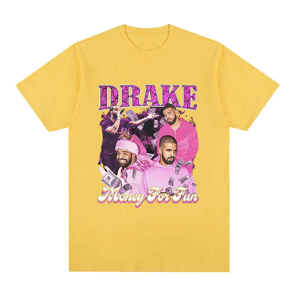 Drake “Nothing Is Fun” Pink Collage Graphic Tee for Men: Bold Hip Hop Streetwear with Retro Vibes