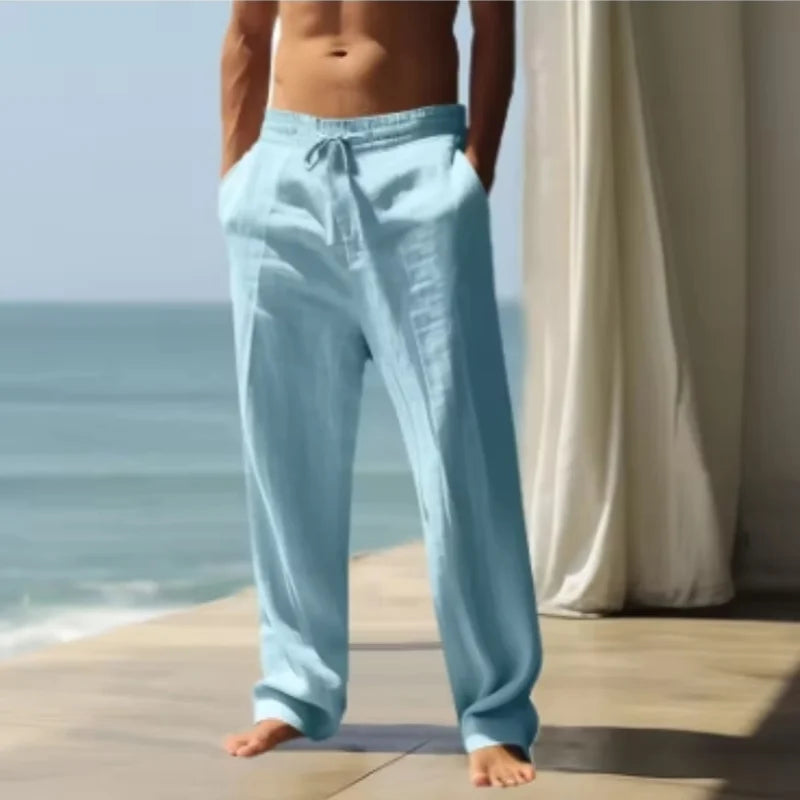 Men’s Light Blue Linen Beach Pants: Casual Drawstring Summer Trousers
