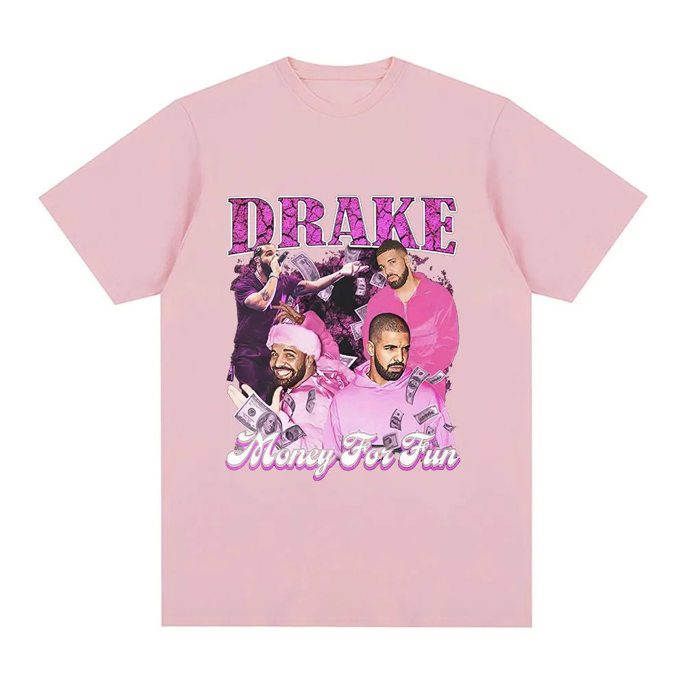 Drake “Nothing Is Fun” Pink Collage Graphic Tee for Men: Bold Hip Hop Streetwear with Retro Vibes
